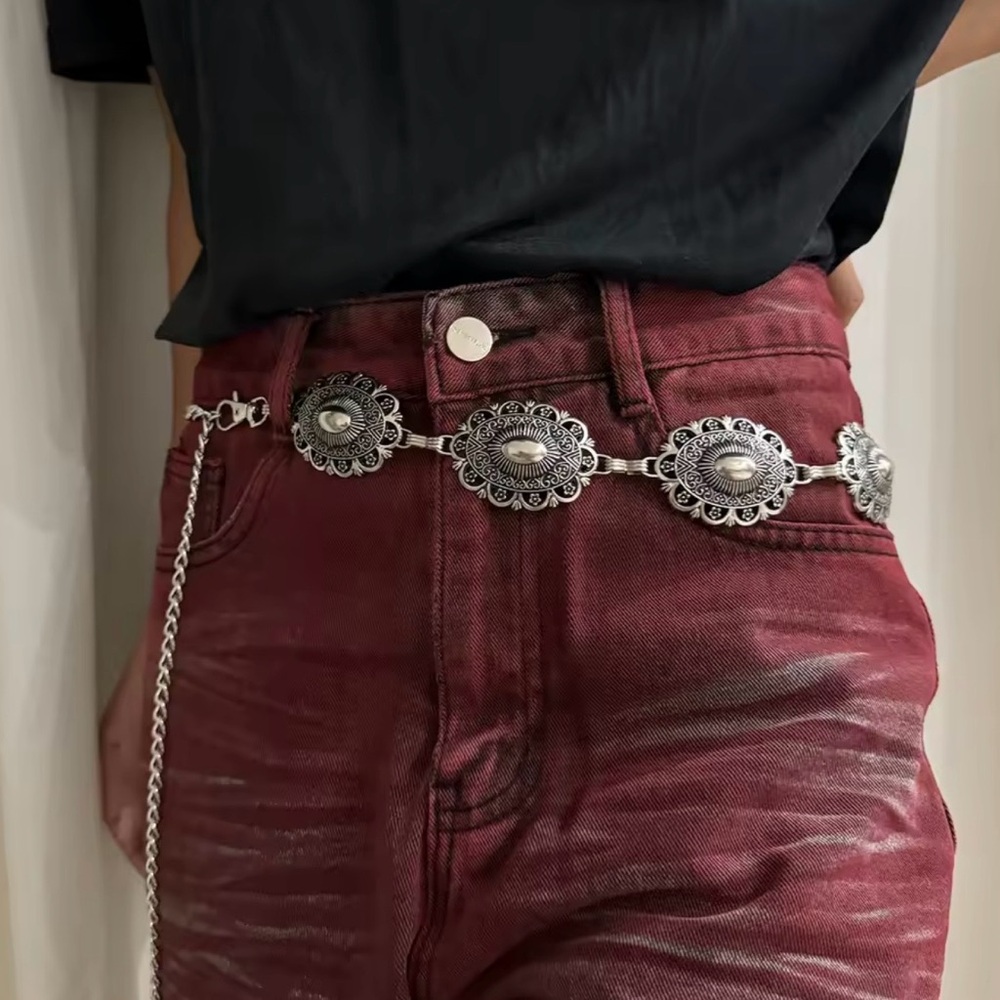Silver Western Concho Chain Waist Belt - Women Accessories 44”